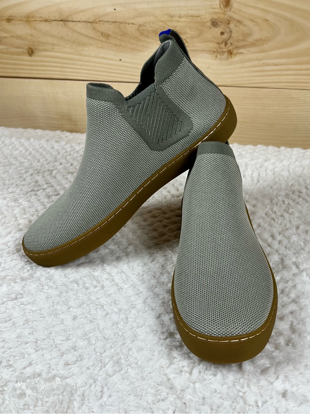 Rothy's The Chelsea Light Sage Knit Slip-On Sneaker Boot w/Brown Gum Sole Earthy - Picture 4 of 10